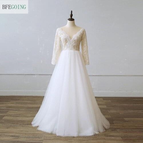 Tulle Lace Beading Long Sleeves Bridal dress Scoop Floor-Length A-line Wedding Gowns Custom made
