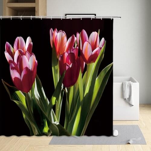 Spring Floral Shower Curtain Sunflower Tulips Simple Black Background Modern Bathroom Decor Waterproof Bath Curtains With Hooks