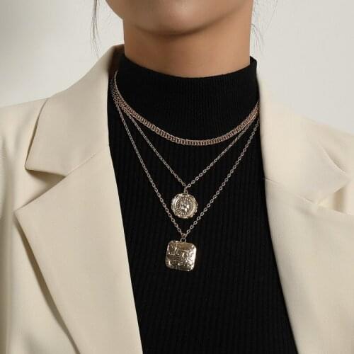 Vintage Multilayer Geometric Round Square Pendant Necklace for Women Punk Figure Thick Chains Sweater Necklaces Party Jewelry