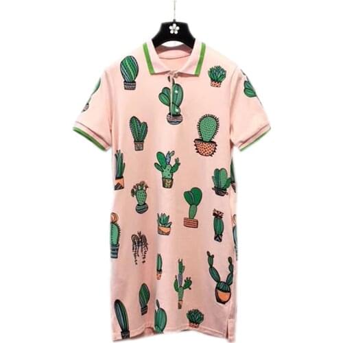 PERHAPS U White Pink Cactus Print Polo Shirt Dress Straight Casual Mini Short Sleeve Turn Down Collar Summer D0512