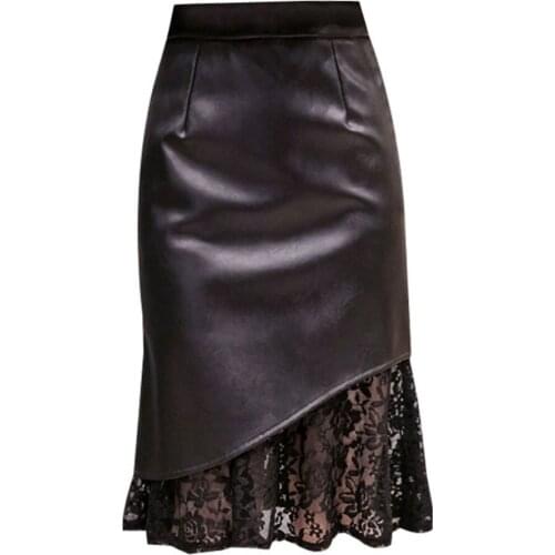 2021 Spring autumn pu mermaid skirt women high waist package hip lace patchwork trumpet slirt