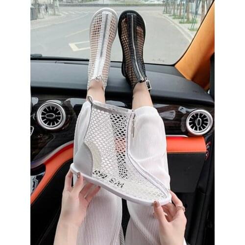 Maogu New Summer Womens Martin Boots Hollow Solid Color Mesh Breathable Front Zipper Flat Bottom Casual Handsome Thin Boots