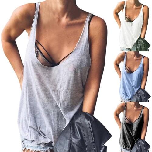 Women Casual Solid Color Sleeveless Low-cut Neck Loose Cotton Vest roupa de feminina