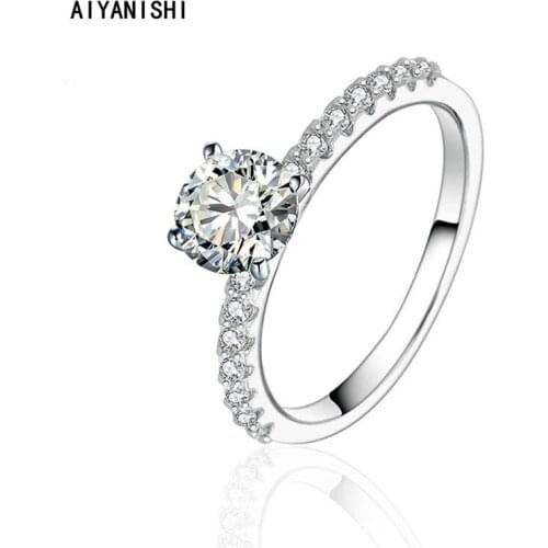 AIYANISHI 2021 Real 925 Sterling Silver Simple Round Clear Sona Diamond Charm Finger Rings For Women Wedding Engagement Jewelry