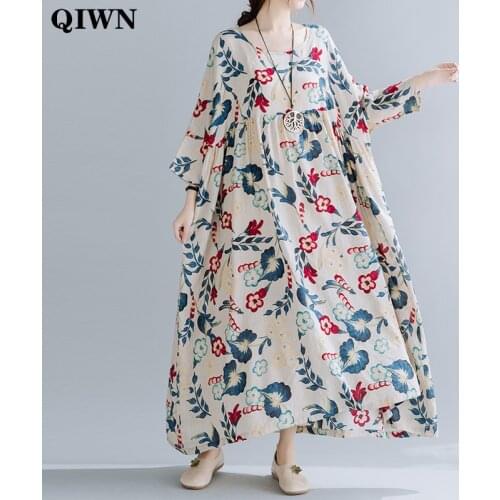 Plus Size 4XL 5XL 6XL 7XL Cotton Linen Dresses For Women 2020 New Autumn Floral Print Big Swing Maxi Dress Ladies Vestidos Robe