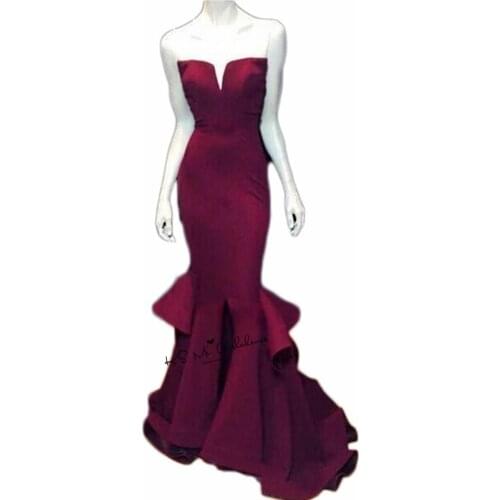Women Cheap Mermaid Formal Evening Gowns Burgundy Long Prom Dresses to Party 2018 Robe de Soiree Courte Split Side Ruffles
