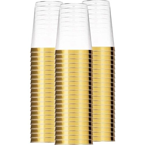 100x Gold Plastic Cups 10 Oz Clear Plastic Cups Tumblers Gold Rimmed Cups Fancy Disposable Wedding Cups Elegant Party Cups with