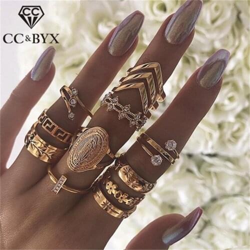 CC Rings For Women 13pcs Joint Ring Set Leaf Hollow Geometric Shape Bohemain Gold Color Female Wedding Fashion Jewelry YH701