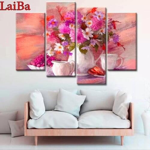 Full square round 5d diy diamond painting still life vase of flowers rhinestone embroidery cross stitch kits mosaic diamond 4pcs