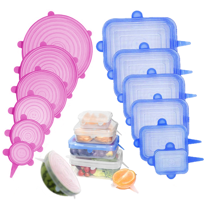 6pcs Rectangle Reusable Silicone Food Cover Stretch Adjustable Bowl Lids Universal Kitchen Wrap Seal Fresh Keeping Silicone Caps