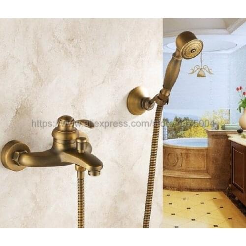 Antique Brass Bathroom Faucets Wall Mounted Bathroom Basin Mixer Tap With Hand Shower Head & Shower Faucet Ntf028