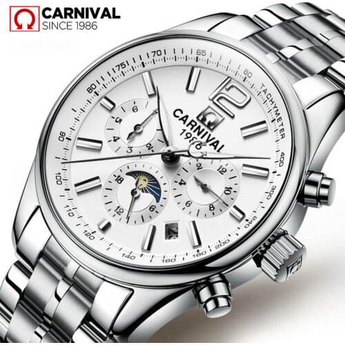 CARNIVAL Automatic Watch Men Luxury Mechanical Watches Full Steel Waterproof Week Calendar Moon phase Male Clock reloj hombre