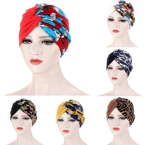 Floral Print Women Turban Hat Fashion Banadan Cancer Chemo Cap Cross Headwrap Muslim Inner Hijab Cap Women Hair Accessories 2021