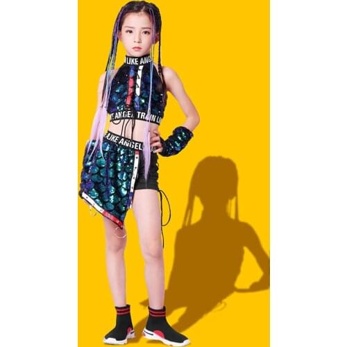 Jazz Girls Dance Costumes Children Sequined Tops Pants Hip Hop Performance Clothing Modern Shiny Stage Outfit
