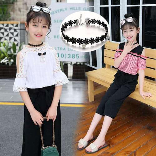 For Age 4 6 8 10 12 14 Years High Quality Girl Clothing Set New Summer Cute Kid Girls Suit O-Neck Collar Tops+Pant 2Pieces Set