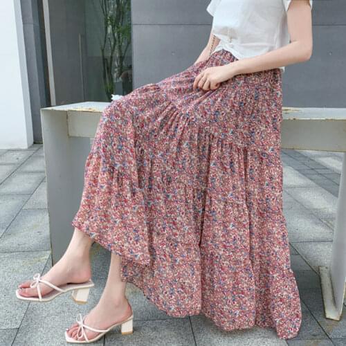 Summer Long Chiffon Skirts Floral Daisy Wave Striped Printing A-line Korean Ankle Length Chiffon Skirts