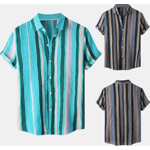 Summer Mens Shirts Plus Size Casual Daily Beach Style Shirt Stripe Print Short Sleeve Button Turn-Down Collar Shirt Ropa Hombre