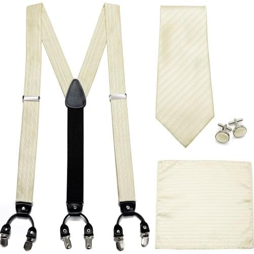 Male Shirt Suspenders Silk Tie Set Leather Solid 6 Clips Suspenders Western-style Trousers Man Braces Adjustable Suspenders