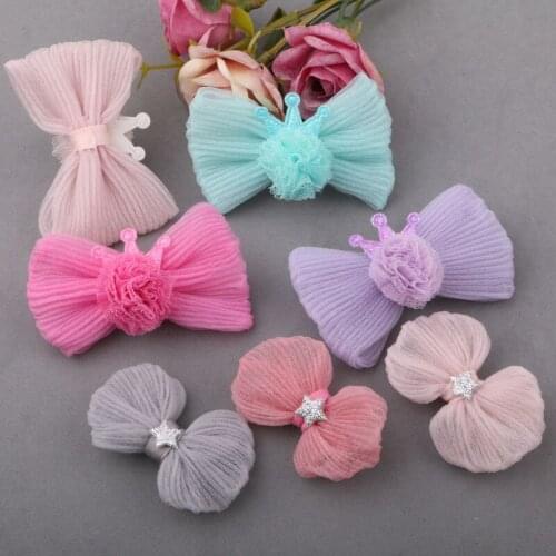 Newest Chiffon Fabric Ribbon Bow with Crown Ball Stars Decorated DIY Ornament Accessories Girls Hair Jewelry Patch Button Stick
