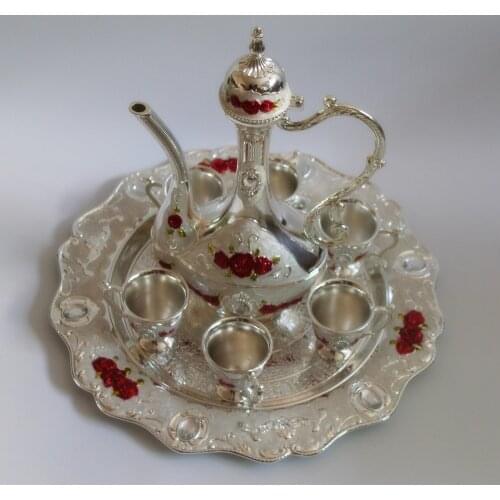 New arrival 12" plate silver color with red flower metal wine set/tea set fashion zinc alloy wine set