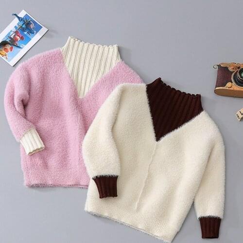 2-13T Autumn Winter Teenage Girl Kid Thick Knitted Turtleneck Cardigan Clothes Warm Shirts Color Pullover Spliced Sweater 2Color