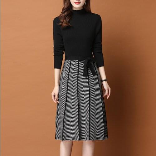 Womens Autumn Winter Sweater Dress Mid-length 2020 New Women Elegant Long Sleeve Over-the-knee Splicing Knitted Dresses B700