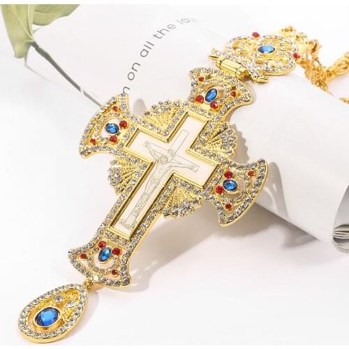 Retro Cross Orthodox Jesus Crucifix necklace Traditional orthodox religious chest pendant gold color crystal necklace with box