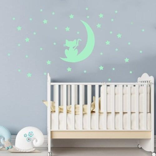 KW3254 Luminous Star Moon Cat Fluorescent Star Sticker Childrens Room Bedroom Cartoon Wall Sticker