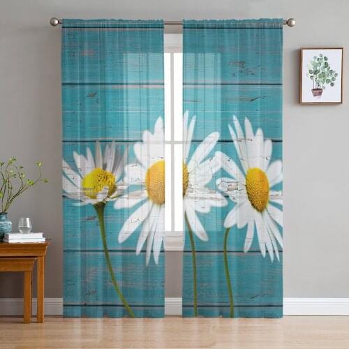 Daisy Flowers Wood Boards Window Curtains Bedroom Modern Drape Sheer Tulle Valances Living Room Kitchen Voile Curtain