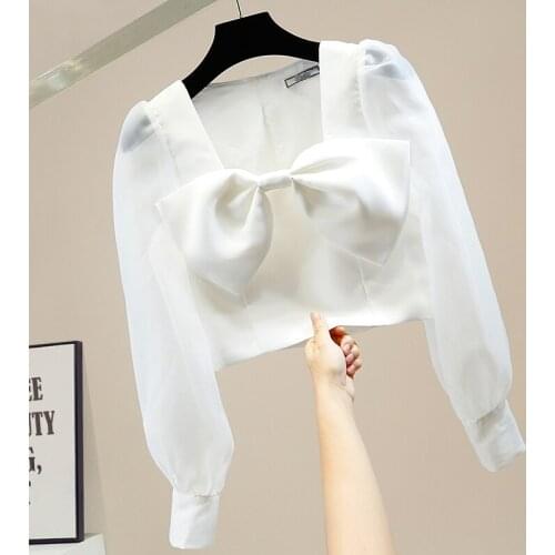 Womens Large Bow Tie Square Collar Shirt Puff Sleeve High Waist Navy Shirts Blouse Organza Short Crop Tops Blusas Mujer De Moda