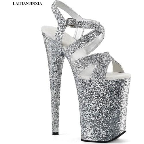 LAIJIANJINXIA New 9 inch high heel sandals cross sequined shoes bread 23 cm stiletto shoes sexy model pole dancing shoes