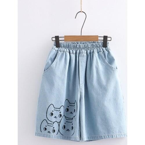 Women Denim Shorts Korean Retro Distressed Cute Cat Embroidery Jeans Loose Summer 2021 Student Five-Point Pants Female 2118044
