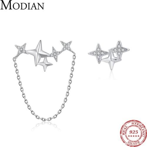 Modian 2021 New Trendy 925 Sterling Silver Asymmetry Dazzling Clear CZ Stars Chain Stud Earrings For Women Party Jewelry Brincos