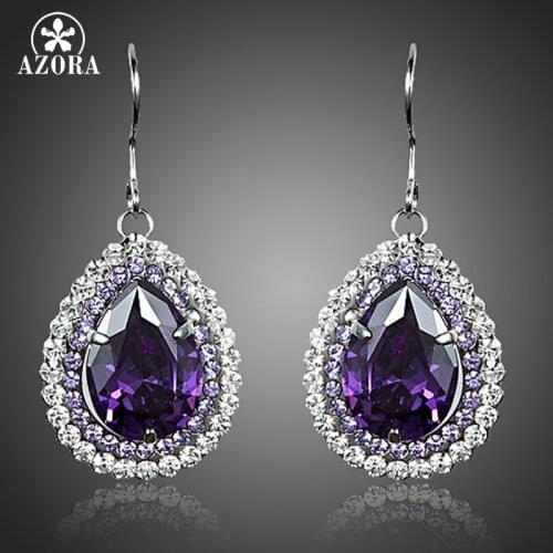 AZORA Pear Cut Purple Cubic Zircon Surround With Micro CZ Water Drop Earrings for Women TE0190