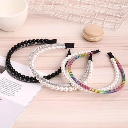 Korean Style Retro Lady Double Pearl Hairband Womens Diamond Thin Edge Temperament Hairband Color Anti Slip Headband Jewelry