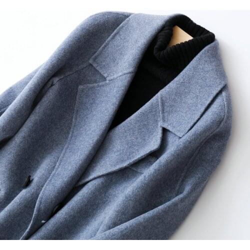 2020 Double Breasted Wool Coat Blue Long Female Jacket Elegant Spring Autumn Coats and Jackets Women Abrigo Mujer 8016