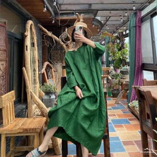 Women 2021 Spring Summer Retro Linen Plus Size Robe Dress Ladies Vintage Flax Embroidered Dress Female Dress