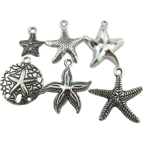 6PCS MIX Vintage Silver Alloy Beach Sea Ocean Theme Star Fish Starfish Pendant