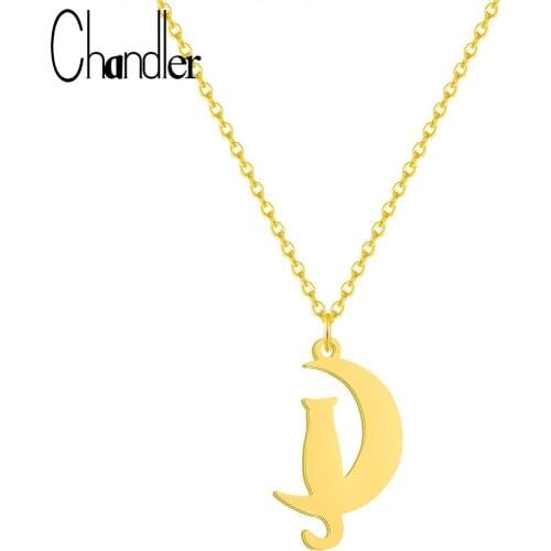 Chandler Boho Cool Stainless Steel Cat Moon Necklace Cute Lovely Animal Pendant Slim Chain Choker Pet Lover Memory Trendy Colier
