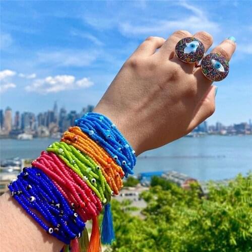 Fine Tassel Women Bracelet MGB Rice Beads Hand-woven Glass Evil Eye Pendant Bracelets 8-Circle Female Jewelry