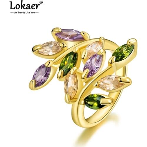 Lokaer Trendy Bohemia Gold Color Rings Double Leaves Prong Setting Three Color Prismatic Cubic Zirconia Ring Jewelry R15065