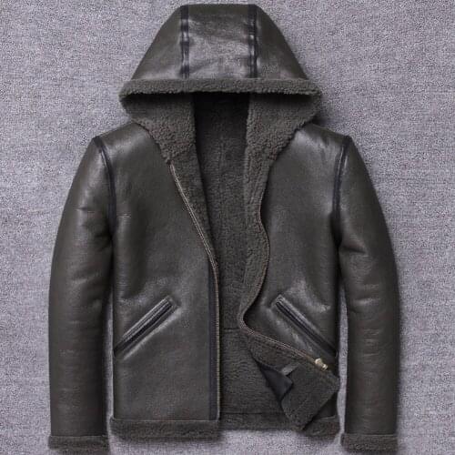Mens Black B3 Shearling Jacket Short Sheepskin Coat Mens Fur Coat Hooded Motorcycle Leather Jacket Winter Coats