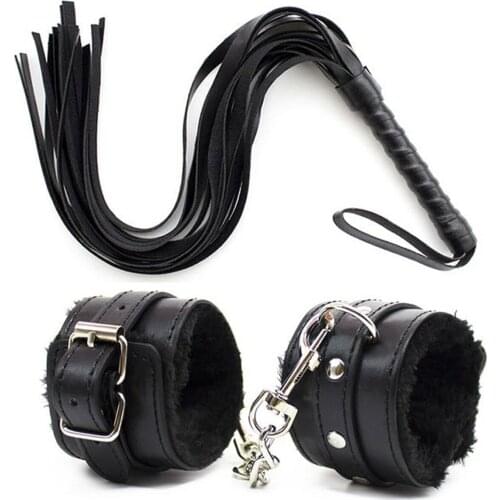 OUTFIT YOUR WONDERFUL NIGHTS Fancy Black Plush Handcuffs Whip Set FREE SHIPPING
