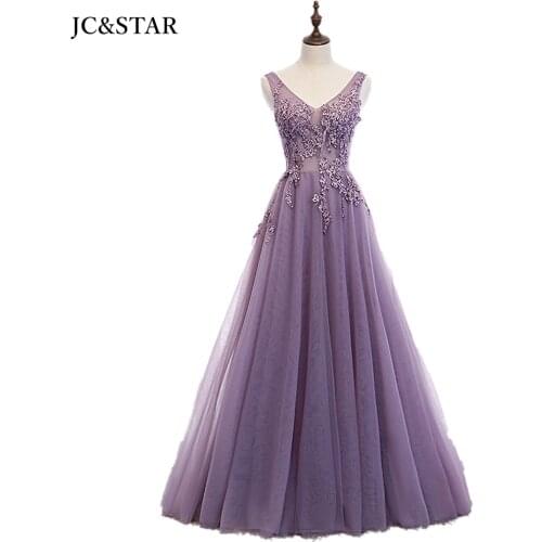 Bridesmaid dresses lavender purple wedding party gown V neck tulle applique Beading Backless A Line vestido de fiesta de boda