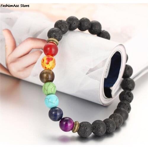 New Natural Black Lava Stone Stretch Bracelets For Men Women Yoga Jewelry 7 Reiki Chakra Healing Balance Beads Bracelet