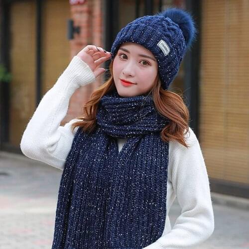 Autumn Winter Knitting Warm Hat Scarf Set For Ladies Luxury Brand Red Grey Brown Blue Black Hats Women Gift