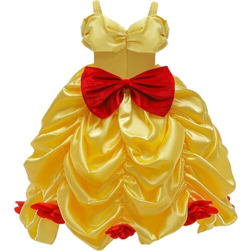 Princess Belle TUTU Dress Girls Beauty and the Beast Costume Cosplay Ball Gown Dresses Bow Flower Dress Halloween
