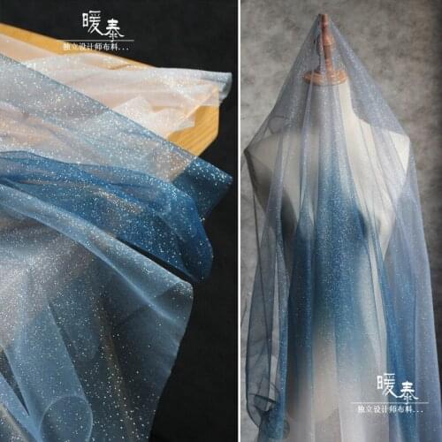 Sprinkling Gold Lace Tulle Fabric Indigo Blue Gradient DIY Patchwork Decor Skirt Gown Wedding Dress Glitter Designer Fabric