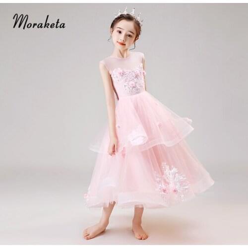 Princess Pink Girls Evening Dresses For Wedding 2020 Elegant O-neck Sleeveless Ankle-length Long Tulle Flower Girl Dresses