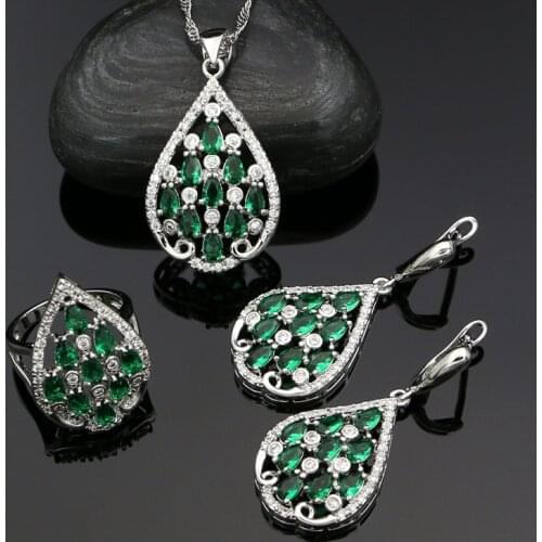Silver 925 Bridal Jewelry Sets for Women Green Cubic Zirconia White Crystal Water Drop Earrings Ring Pendant Necklace Set